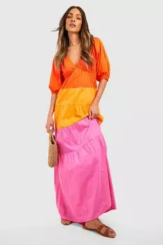 Платье макси из хлопкового поплина color block Boohoo, оранжевый