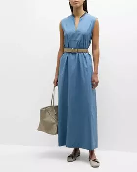 Платье макси из хлопкового поплина с поясом из рафии Brunello Cucinelli, цвет C480 Artic Blue