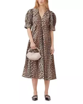 Платье макси из хлопкового поплина с леопардовым принтом GANNI и V-образным вырезом, мультиколор