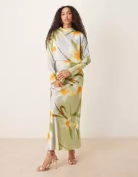 Платье макси из косого атласа ASOS DESIGN с высоким воротом и рукавами с желтым цветочным принтом