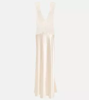 Платье макси из креп-атласа и кружева SAINT LAURENT, белый