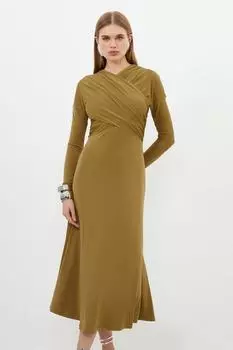 Платье макси из крепа джерси Petite со сборками Karen Millen, хаки