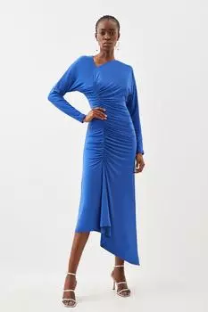 Платье макси из крепа из джерси со сборками и длинными рукавами Karen Millen, синий