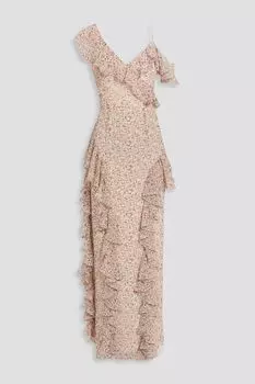 Платье макси из крепа с оборками и цветочным принтом MIKAEL AGHAL, белый