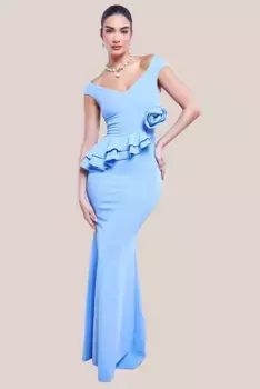 Платье макси из крепа с розами Scuba Goddiva, синий