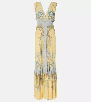 Платье макси из крепдешина с цветочным принтом Etro, цвет print on yellow base