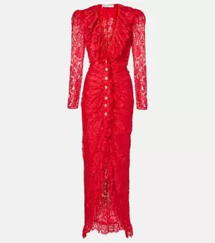 Платье макси из кружева с оборками Alessandra Rich, красный
