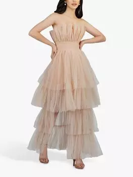 Платье макси из многоярусной сетки Nelita из кружева и бисера, нейтральный