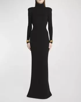 Платье макси из мягкого кашемира с высоким воротником и открытой спиной TOM FORD, цвет Black