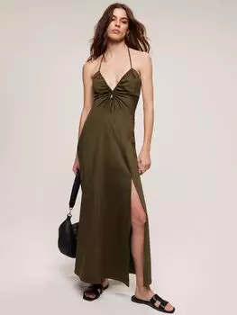 Платье макси из мятного бархата со сборками и вырезами, зеленый хаки