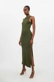 Платье макси из облегающей вискозной вязки со швами Karen Millen, хаки