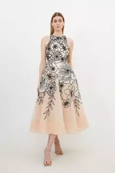 Платье макси из органди с бретелькой на шее и аппликацией Karen Millen, розовый