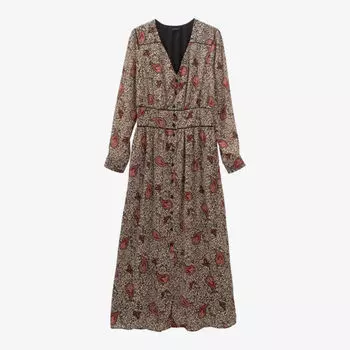 Платье макси из переработанного полиэстера с V-образным вырезом и принтом пейсли и леопардовым принтом Ikks, слоновая кость