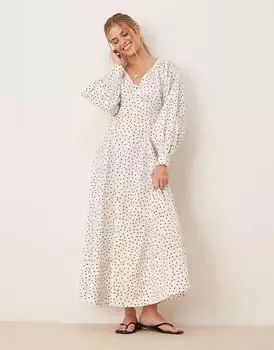 Платье макси из поплина с длинными рукавами и v-образным вырезом ASOS DESIGN в горошек