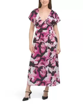 Платье макси из поплина с объемными рукавами и абстрактным принтом Melloday, черный/розовый