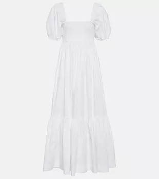 Платье макси из присборенного хлопкового поплина GANNI, белый