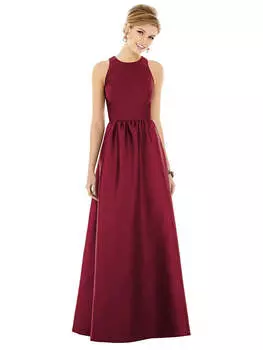 Платье макси из сатина без рукавов с вырезом-замочной скважиной на спине Alfred Sung, цвет burgundy