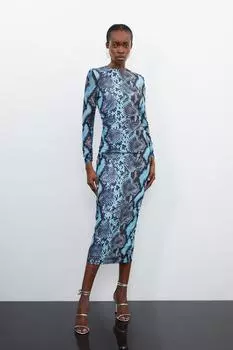 Платье макси из сетчатого джерси со змеиным принтом Karen Millen, мультиколор