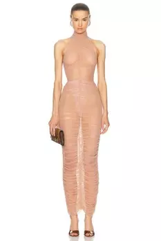 Платье макси из сетчатой ткани со сборками Alex Perry, цвет Sepia