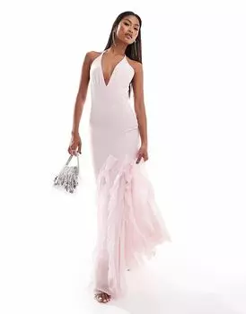 Платье макси из сетки ASOS DESIGN розового цвета с глубоким вырезом спереди, оборками и разрезами