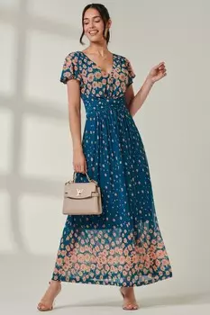 Платье макси из сетки с цветочным принтом омбре Jolie Moi, синий