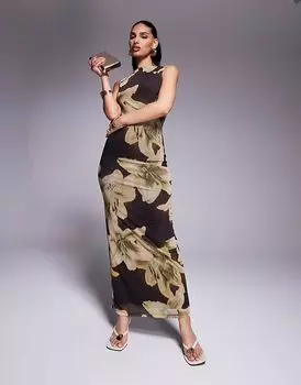 Платье макси из сетки с цветочным принтом и косым вырезом ASOS DESIGN коричневого цвета