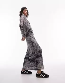 Платье макси из сетки с длинными рукавами и принтом в горошек Topshop