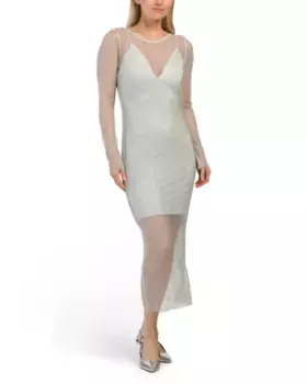 Платье макси из сетки с длинными рукавами и стразами House Of Harlow 1960, серый