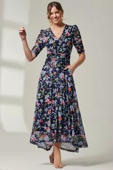 Платье макси из сетки с короткими рукавами и V образным вырезом Jolie Moi, синий