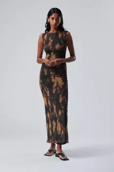 Платье макси из сетки с принтом и разрезами Weekday, коричневый