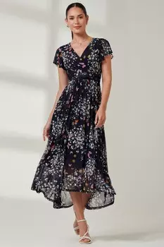 Платье макси из сетки с запахом и глубоким подолом Jolie Moi, синий