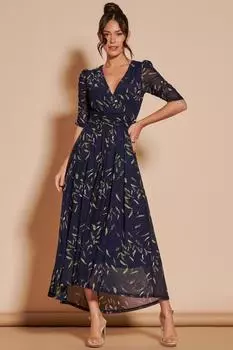 Платье макси из сеточки Dasha со сборками и рукавами Jolie Moi, синий