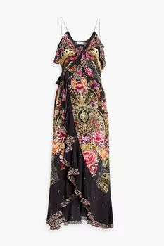 Платье макси из шелкового крепдешина с принтом и оборками CAMILLA, черный