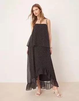Платье макси из шифона ASOS DESIGN с оборками на бретелях в черный горошек