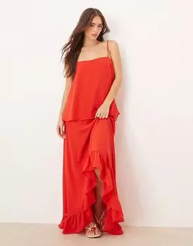 Платье макси из шифона ASOS DESIGN с оборками по подолу в томатно-красном цвете