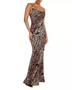 Платье макси из шифона Good American с косым вырезом и воротником-хомутом, коричневый