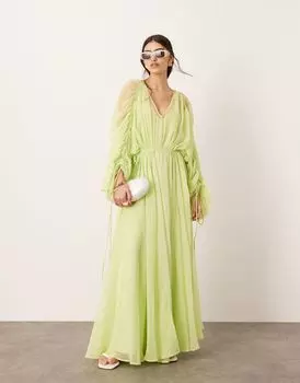 Платье макси из шифона оверсайз со сборками на талии ASOS яблочно-зеленого цвета