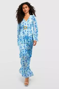 Платье макси из шифона с цветочным ярусом Boohoo, синий