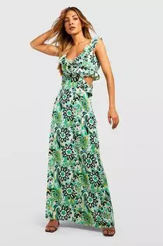 Платье макси из шифона с цветочным вырезом и рюшами Boohoo, зеленый