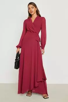 Платье макси из шифона с поясом Boohoo, ягодный
