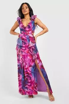 Платье макси из шифона с поясом и цветочными орушами Boohoo, фиолетовый