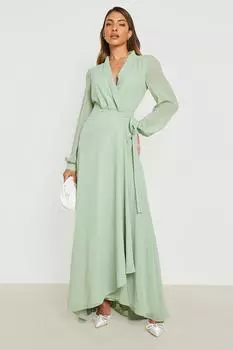 Платье макси из шифона с поясом Boohoo, шалфей