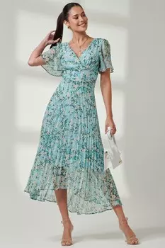 Платье макси из шифона со складками и глубоким подолом Jolie Moi, синий