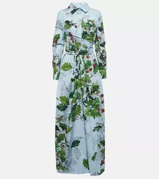 Платье макси из смесового хлопка с принтом OSCAR DE LA RENTA, синий