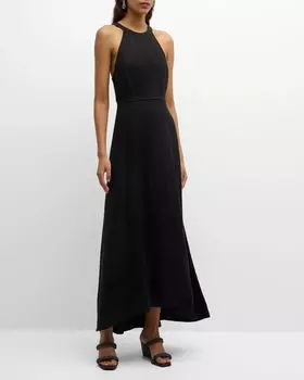 Платье макси из струящегося льна и твила с деталями Monili Brunello Cucinelli, цвет C101 Black Monile R