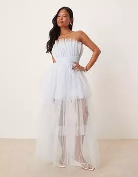 Платье-макси из тюля Lace & Beads Petite Bandeau в небесно-голубом цвете