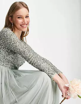 Платье макси из тюля Maya Bridesmaid с длинными рукавами и нежными пайетками в тон шалфейного цвета