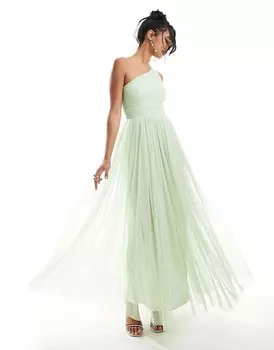 Платье макси из тюля на одно плечо с кружевом и бусинами для подружек невесты