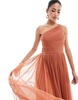 Платье макси из тюля на одно плечо с кружевом и бусинами для подружки невесты терракотово-розового цвета