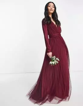 Платье макси из тюля с длинными рукавами и плиссированной юбкой ASOS DESIGN Bridesmaid цвета бычьей крови